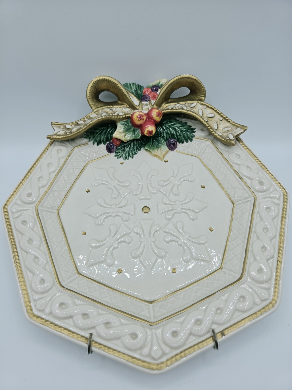 Fitz and Floyd White, Gold & Green Octagonal Serving Platter with Festive Bow